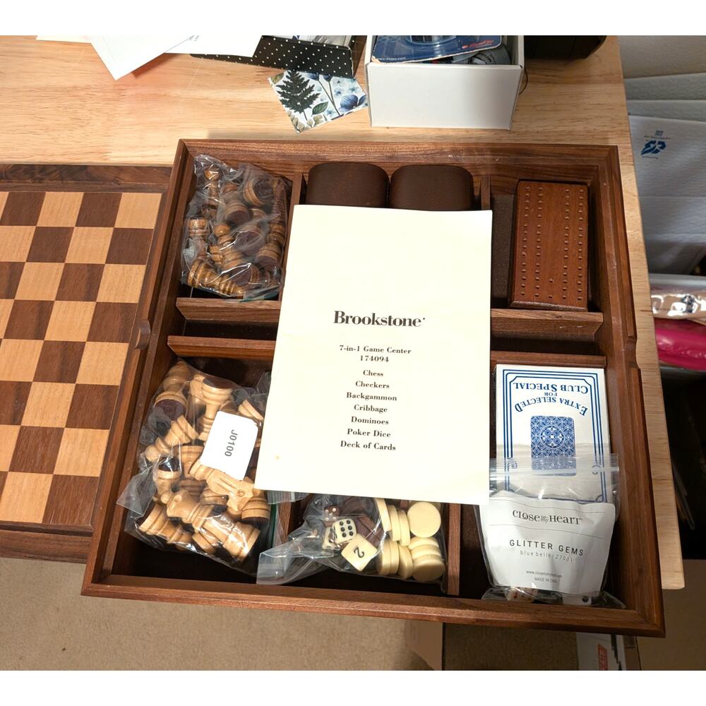 BROOKSTONE 7 in 1 Game Center Wooden Chess Checkers Backgammon Cribbage Complete